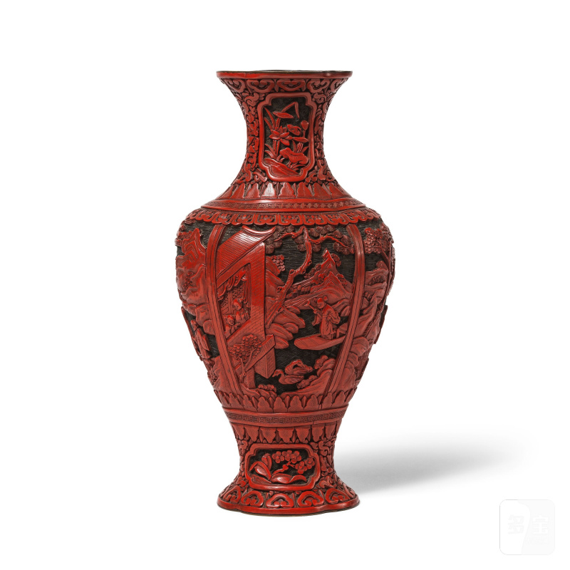 清 十九世紀 剔紅山水人物圖瓶 | VASE EN LAQUE ROUGE SCULPTÉE - 图6
